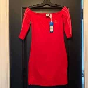 Red Adidas off the shoulder dress